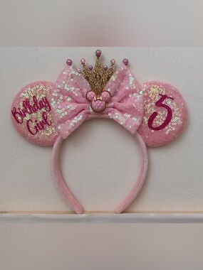 Disney 5th Birthday Girl Custom Pink Sequin Minnie Ears Headband with Gold Crown